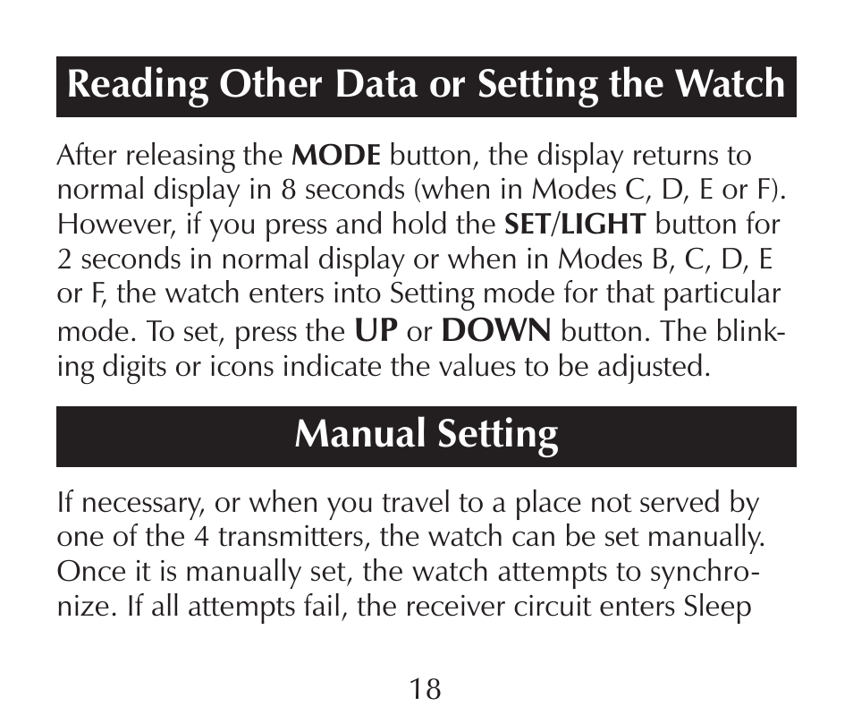 Reading other data or setting the watch, Manual setting | Sharper Image SN005 User Manual | Page 18 / 28