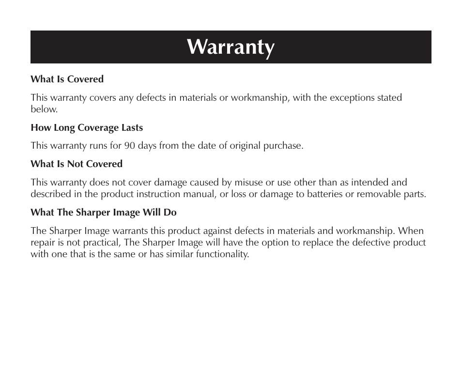 Warranty | Sharper Image SN005 User Manual | Page 26 / 28