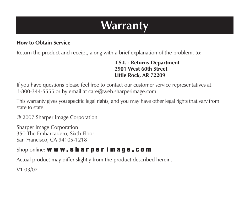 Warranty | Sharper Image SN005 User Manual | Page 27 / 28