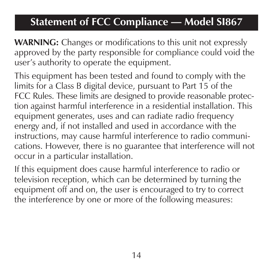 Statement of fcc compliance — model si867 | Sharper Image SI867 User Manual | Page 14 / 16