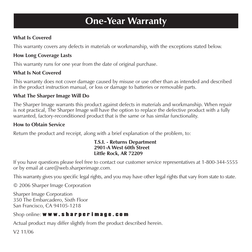 One-year warranty | Sharper Image SI867 User Manual | Page 16 / 16