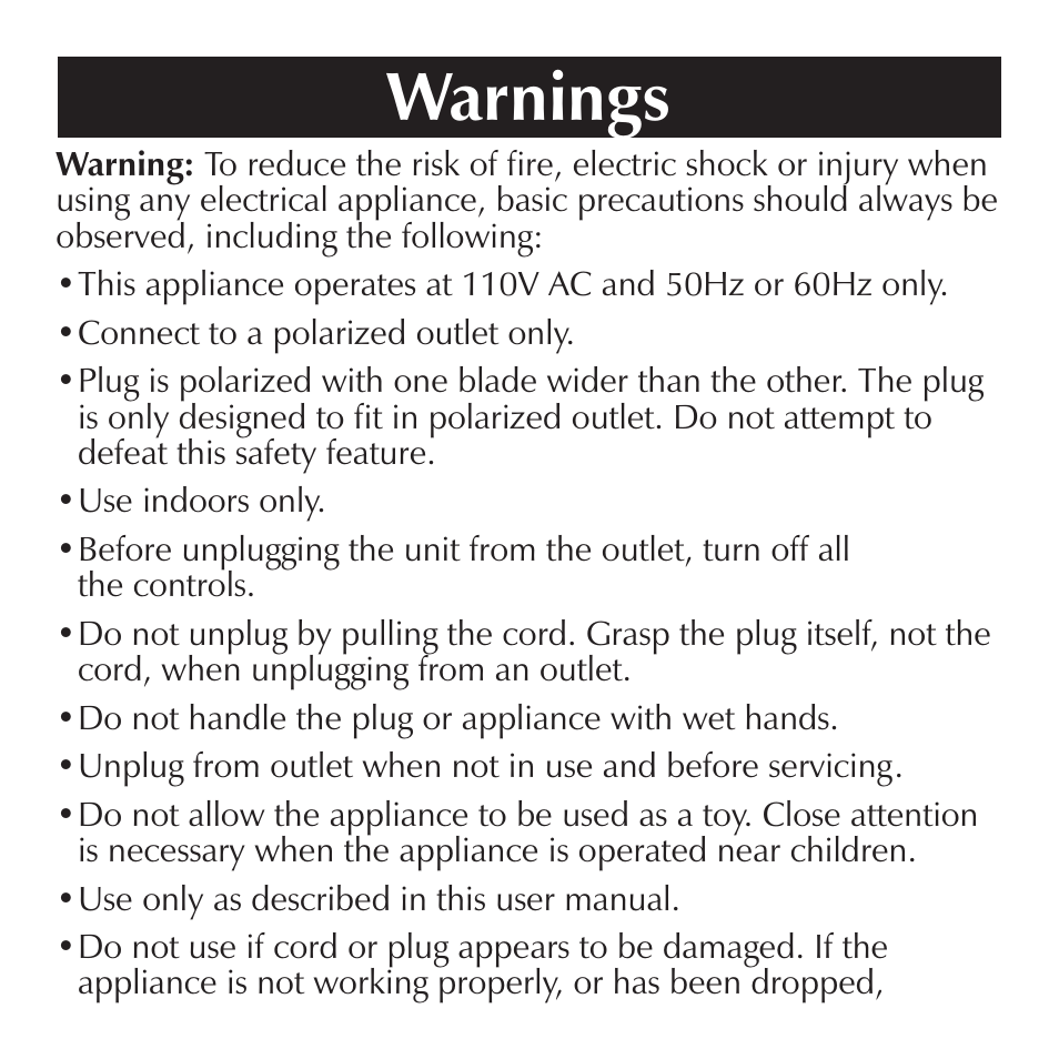 Warnings | Sharper Image SI867 User Manual | Page 4 / 16