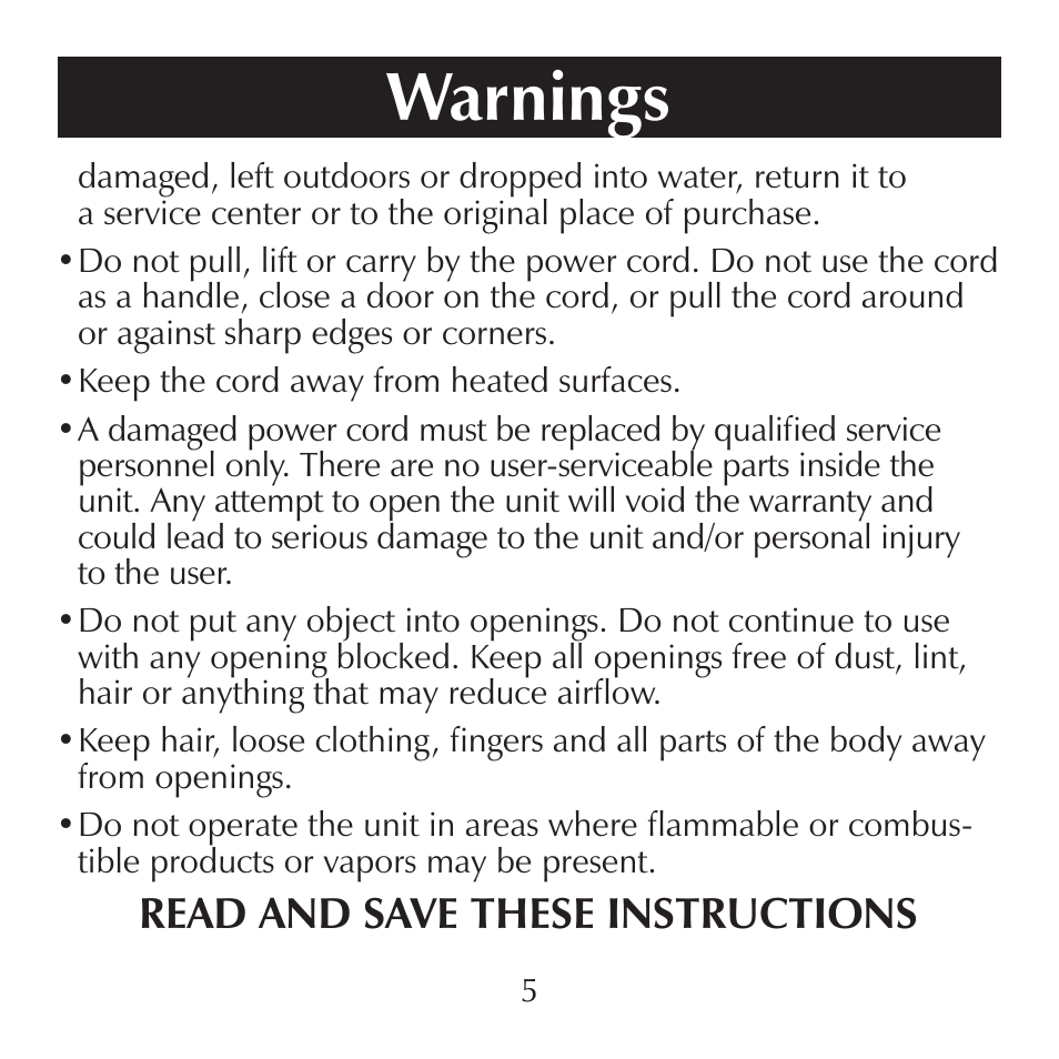 Warnings, Read and save these instructions | Sharper Image SI867 User Manual | Page 5 / 16