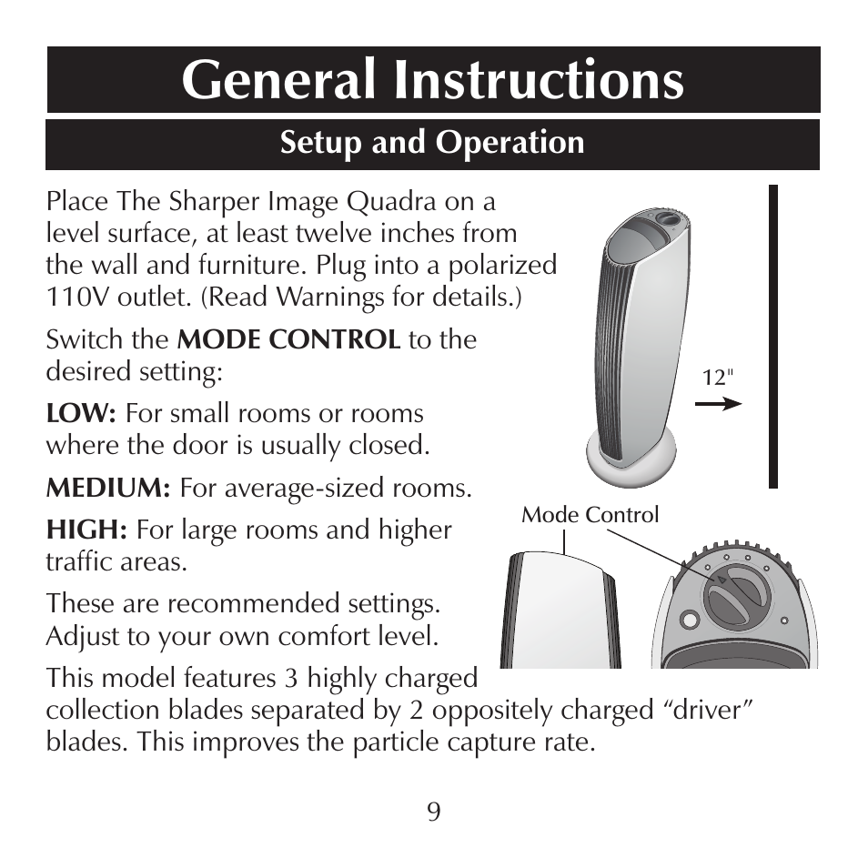 General instructions, Setup and operation | Sharper Image SI867 User Manual | Page 9 / 16