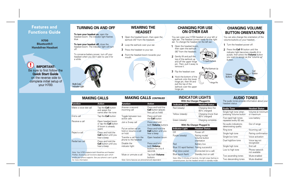 Turning on and off, Wearing the headset, Changing volume button orientation | Making calls, Indicator lights, Audio tones, Changing for use on other ear | Sharper Image H700 User Manual | Page 2 / 2