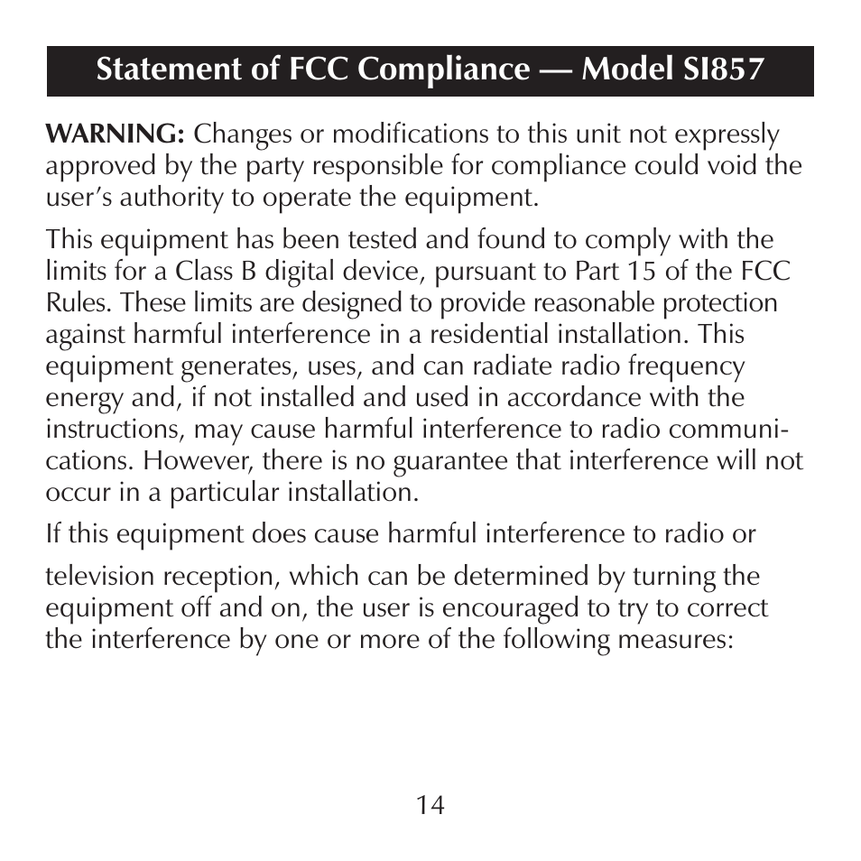 Statement of fcc compliance — model si857 | Sharper Image SI857 User Manual | Page 14 / 16