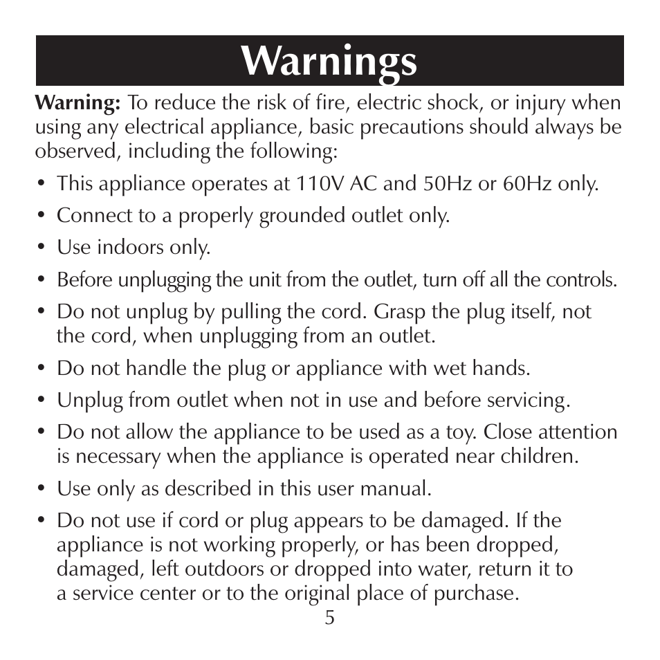 Warnings | Sharper Image SI857 User Manual | Page 5 / 16