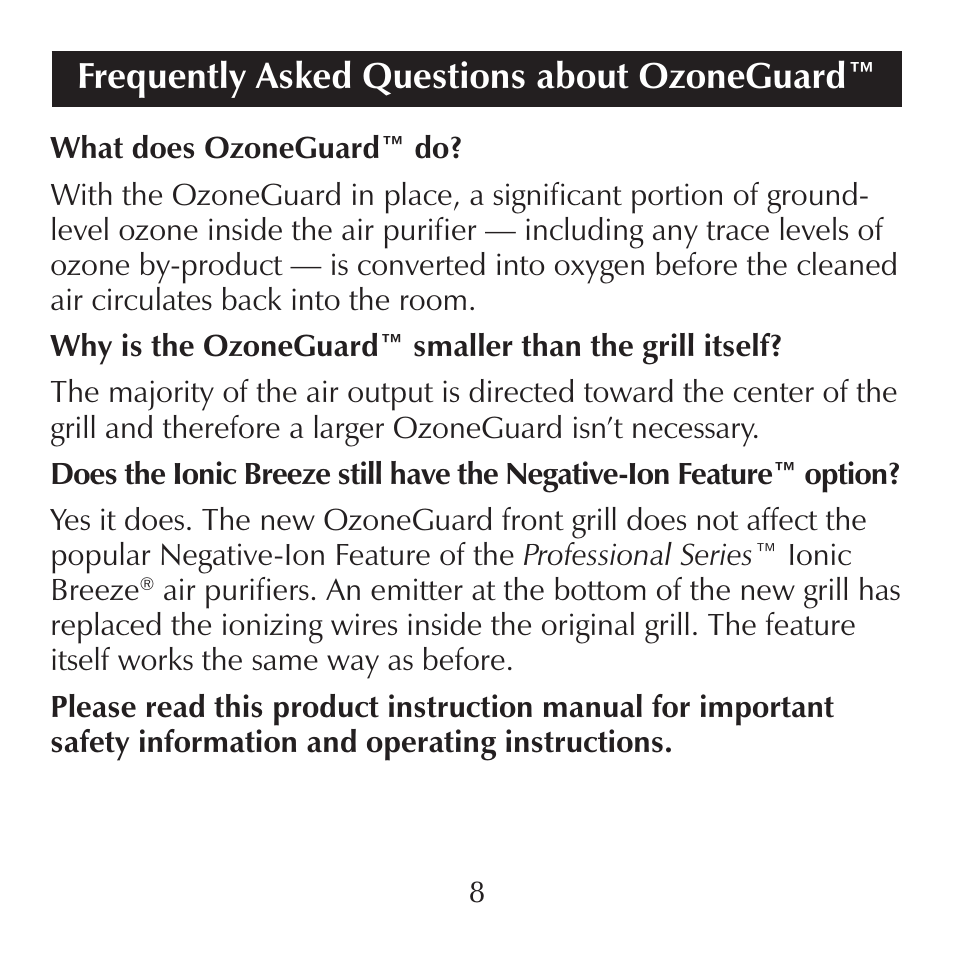 Frequently asked questions about ozoneguard | Sharper Image SI857 User Manual | Page 8 / 16