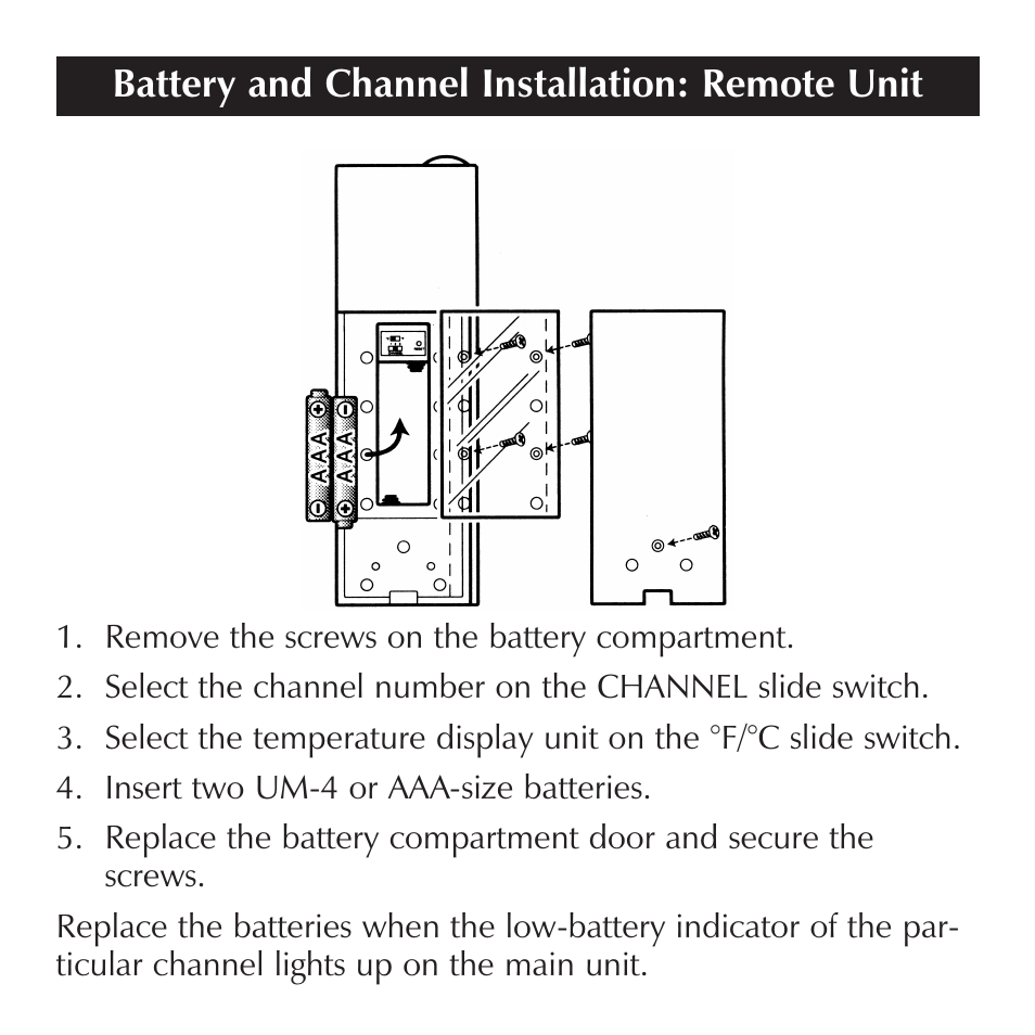Battery and channel installation: remote unit | Sharper Image OQ234 User Manual | Page 10 / 22