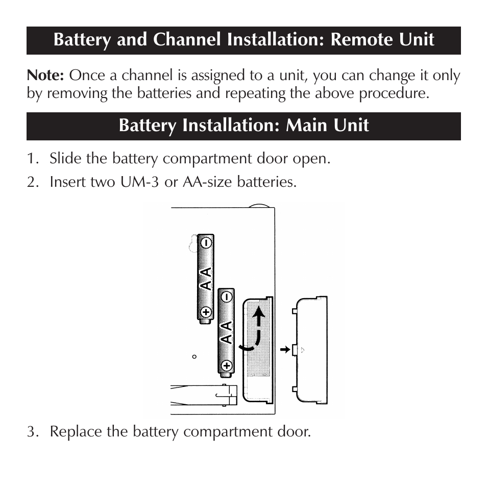 Battery installation: main unit, Battery and channel installation: remote unit | Sharper Image OQ234 User Manual | Page 11 / 22
