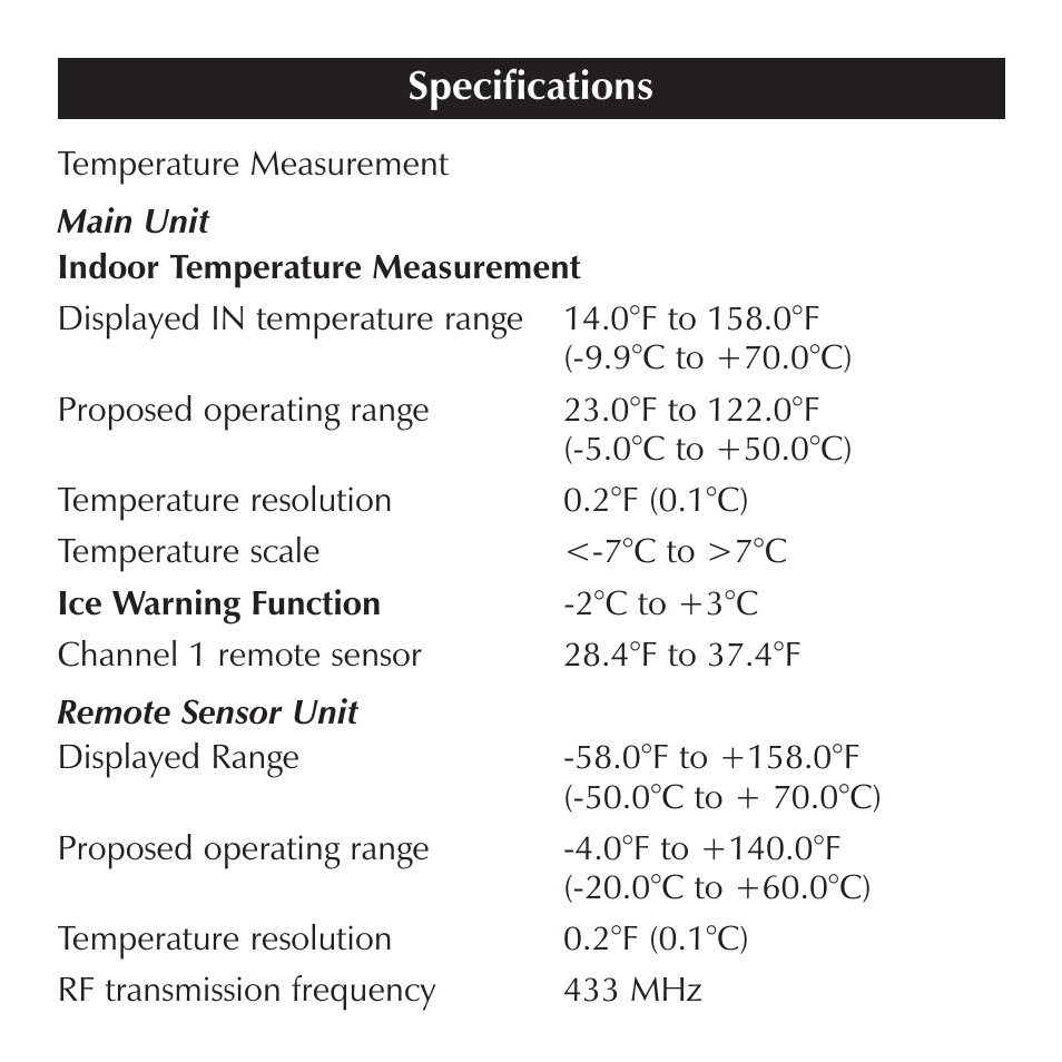Specifications | Sharper Image OQ234 User Manual | Page 20 / 22