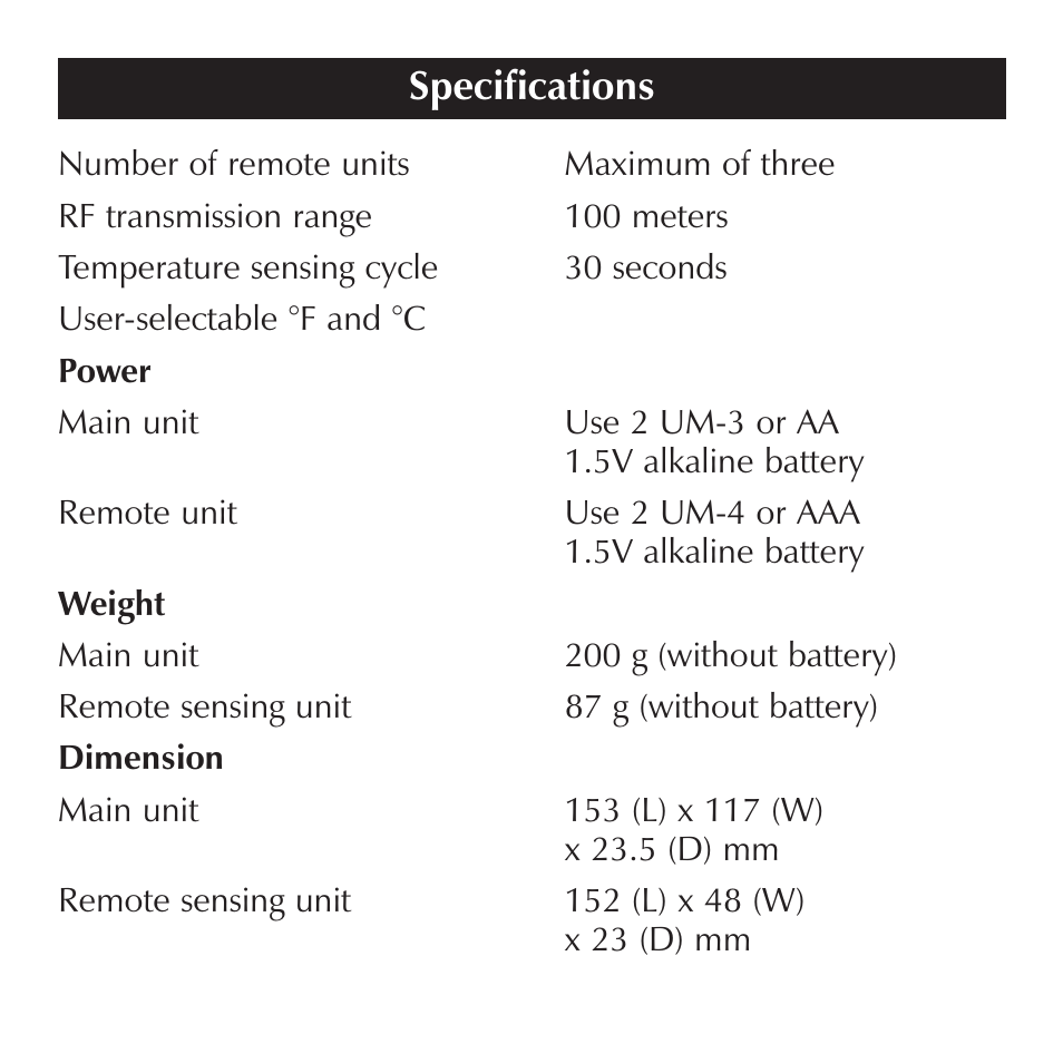 Specifications | Sharper Image OQ234 User Manual | Page 21 / 22