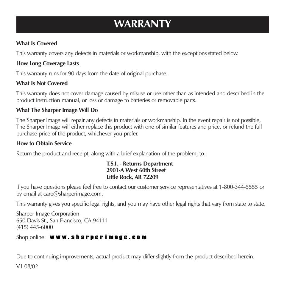 Warranty | Sharper Image OQ234 User Manual | Page 22 / 22