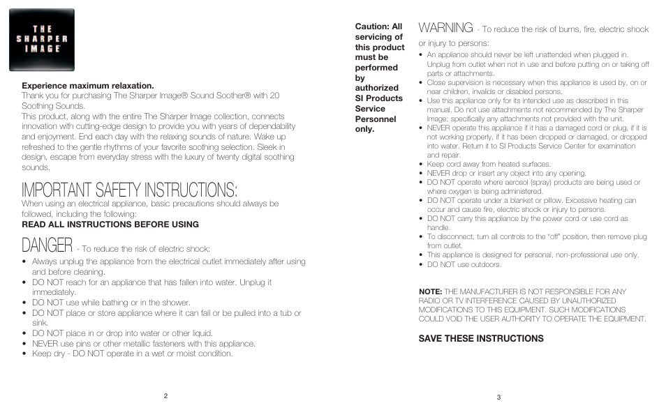 Important safety instructions, Danger, Warning | Sharper Image IB-ECB100 User Manual | Page 2 / 6