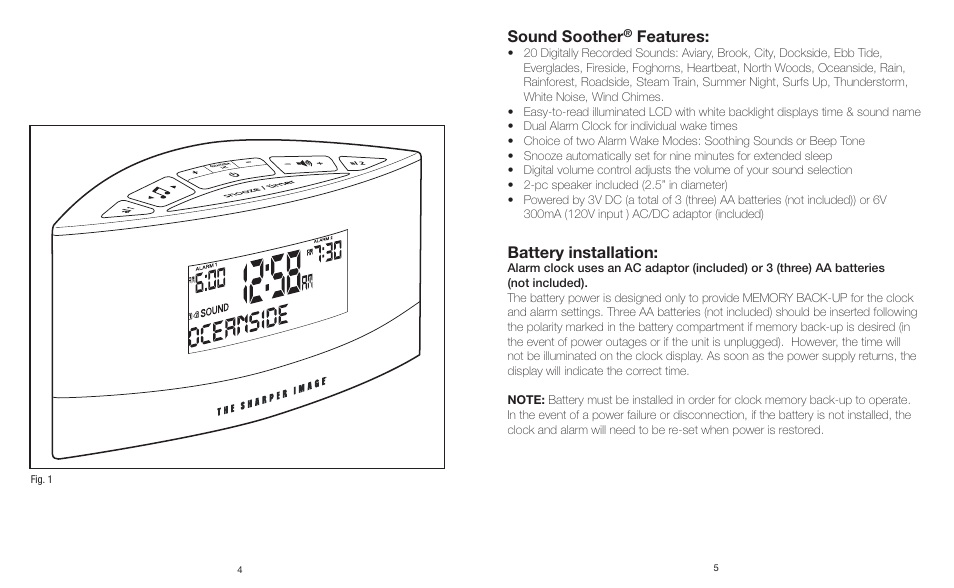 Sound soother, Features, Battery installation | Sharper Image IB-ECB100 User Manual | Page 3 / 6