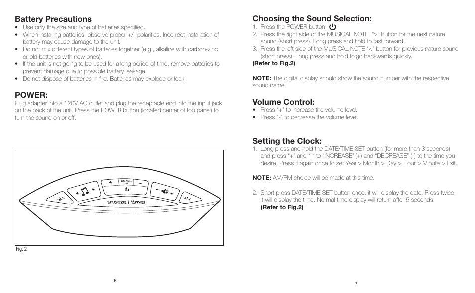 Battery precautions, Power, Choosing the sound selection | Volume control, Setting the clock | Sharper Image IB-ECB100 User Manual | Page 4 / 6