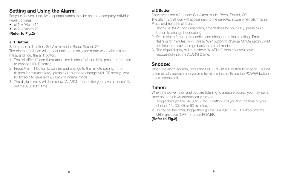 Setting and using the alarm, Snooze, Timer | Sharper Image IB-ECB100 User Manual | Page 5 / 6