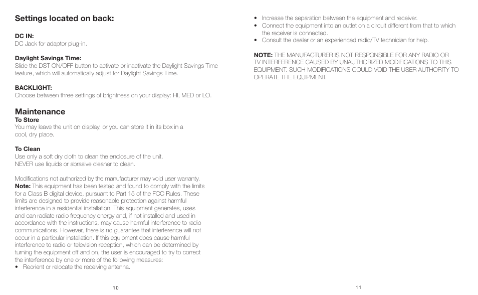Settings located on back, Maintenance | Sharper Image IB-ECB100 User Manual | Page 6 / 6