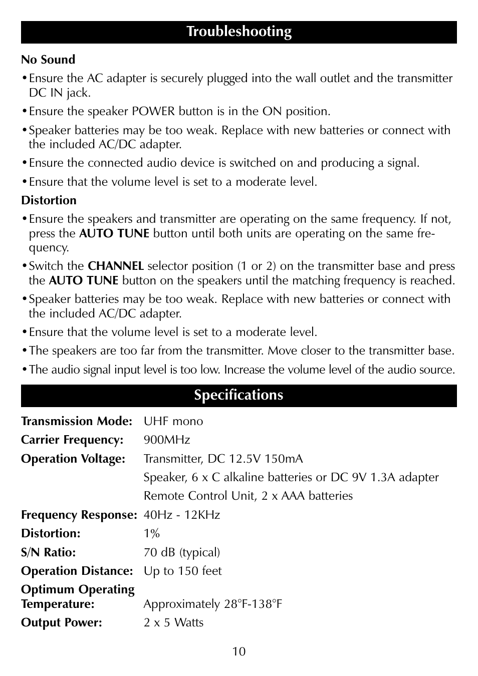 Specifications, Troubleshooting | Sharper Image SR277 User Manual | Page 10 / 12