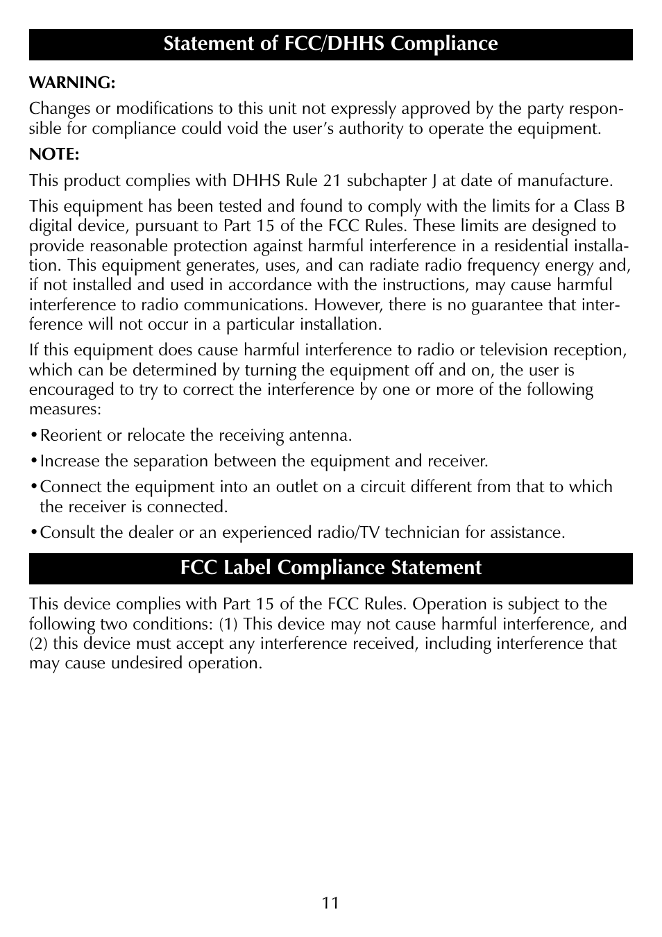 Fcc label compliance statement, Statement of fcc/dhhs compliance | Sharper Image SR277 User Manual | Page 11 / 12