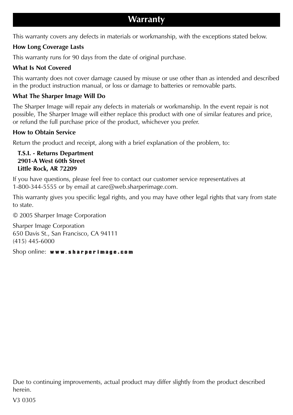 Warranty | Sharper Image SR277 User Manual | Page 12 / 12