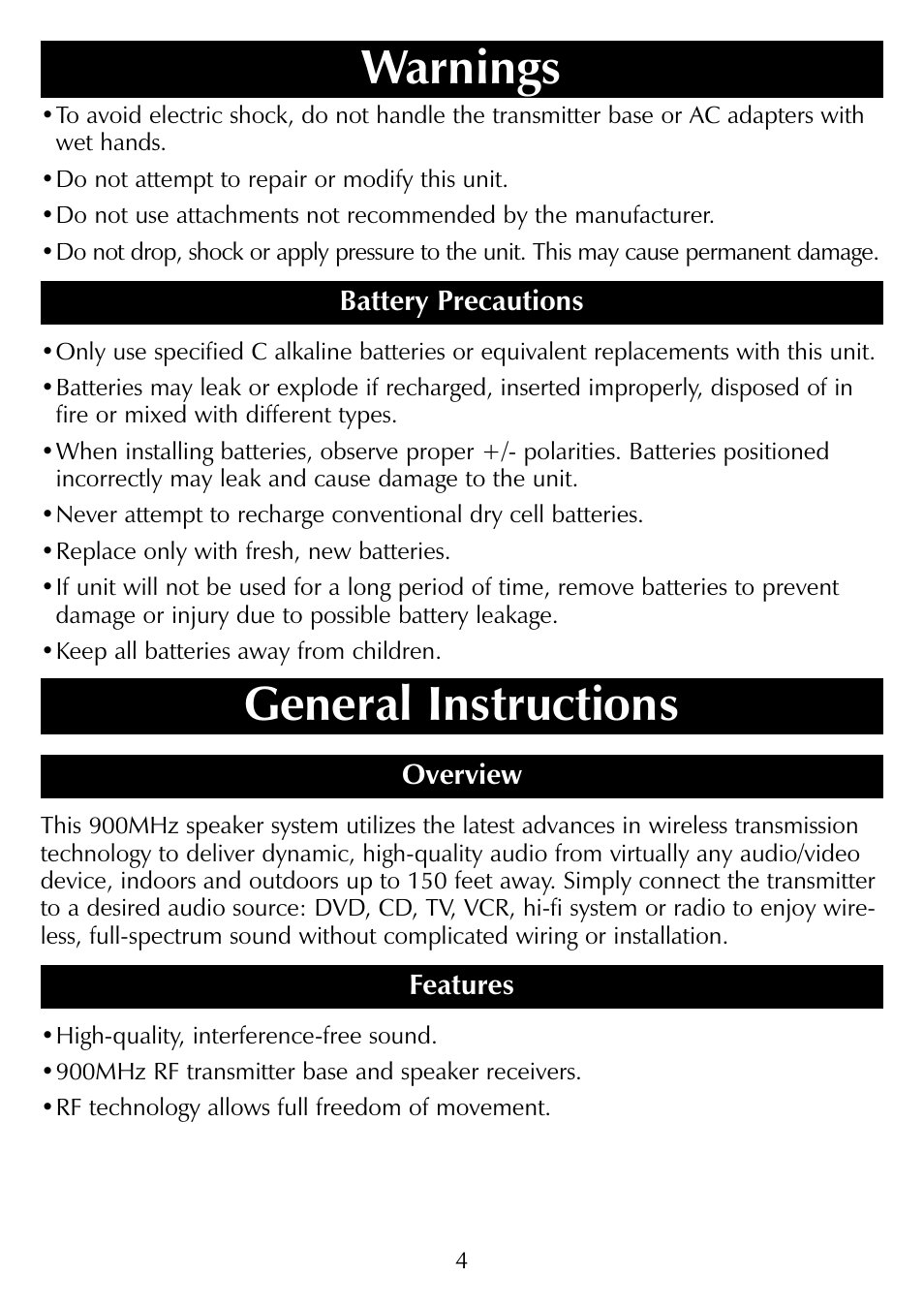 General instructions, Warnings | Sharper Image SR277 User Manual | Page 4 / 12
