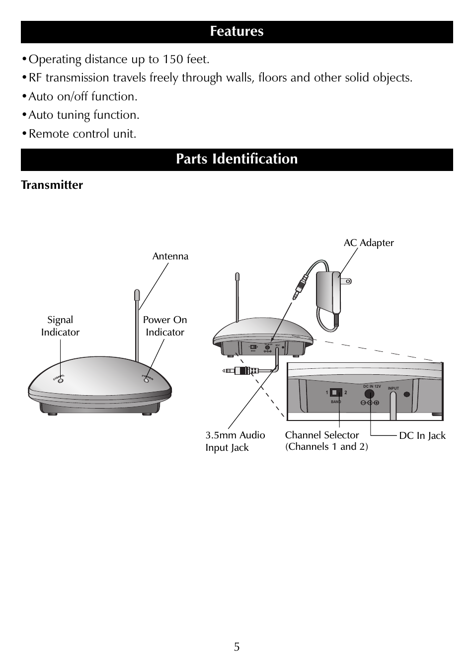 Parts identification, Features, Transmitter | Sharper Image SR277 User Manual | Page 5 / 12