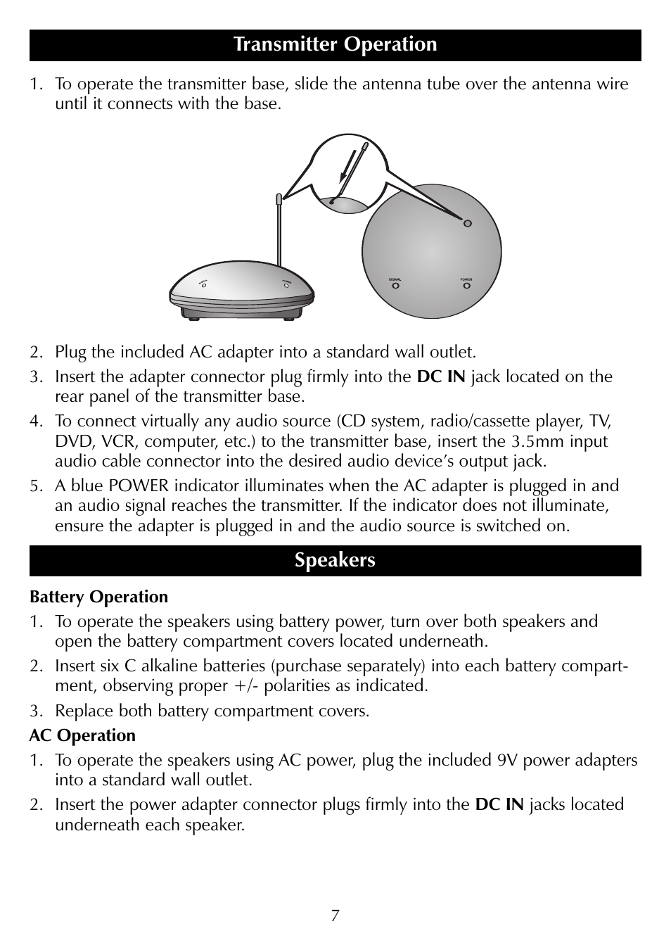 Parts speakers, Transmitter operation | Sharper Image SR277 User Manual | Page 7 / 12