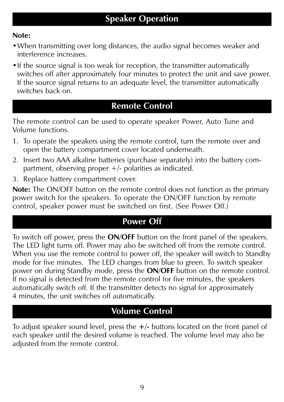 Remote control, Power off, Volume control | Speaker operation | Sharper Image SR277 User Manual | Page 9 / 12