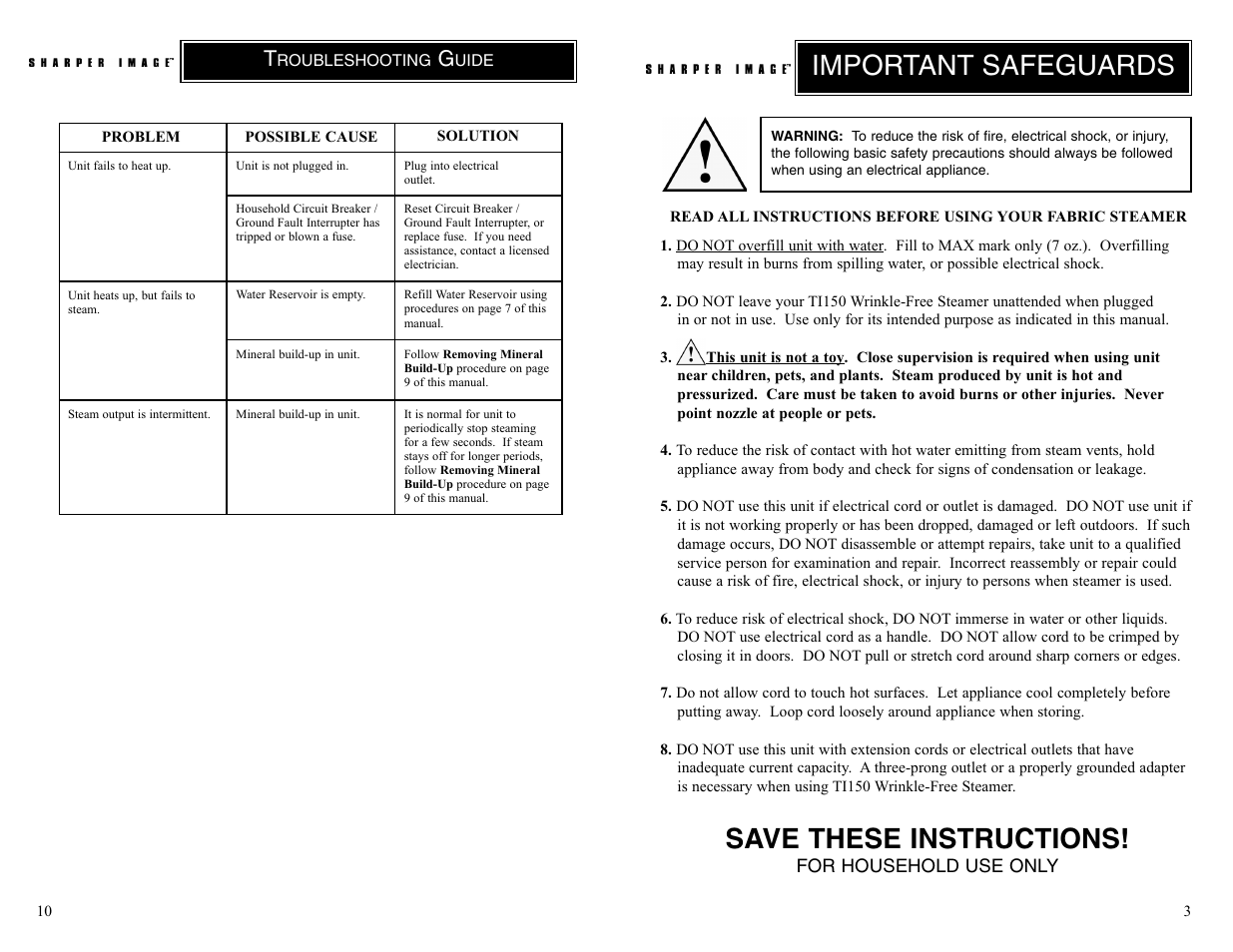 Important safeguards save these instructions | Sharper Image TI150 User Manual | Page 3 / 6