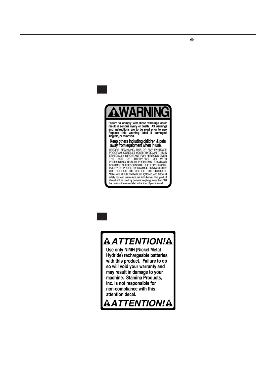 Equipment warning & notice labels | Stamina Products AVARI GX 8 User Manual | Page 5 / 31