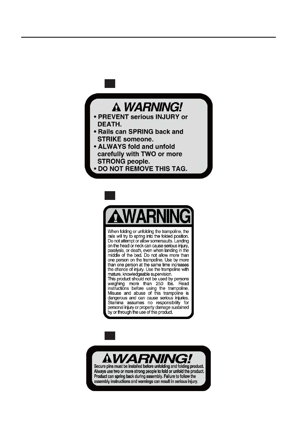 Equipment warning & notice labels | Stamina Products 35-1650F User Manual | Page 5 / 18