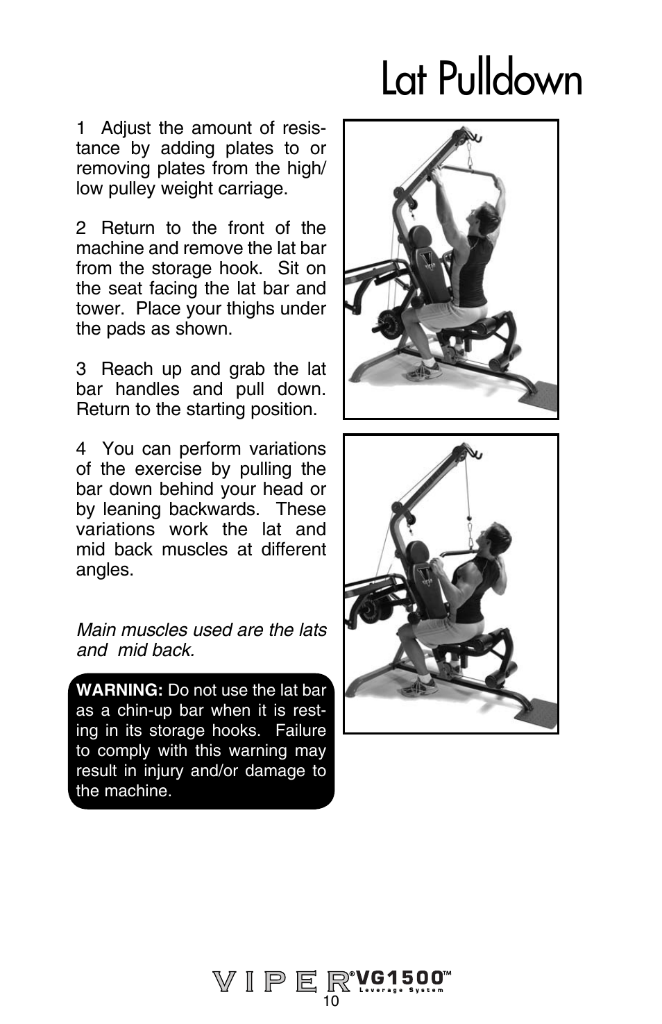 Lat pulldown | Stamina Products Viper VG1500 User Manual | Page 12 / 32