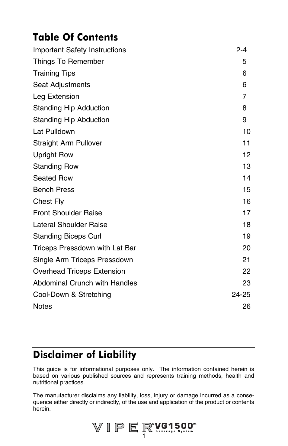 Stamina Products Viper VG1500 User Manual | Page 3 / 32