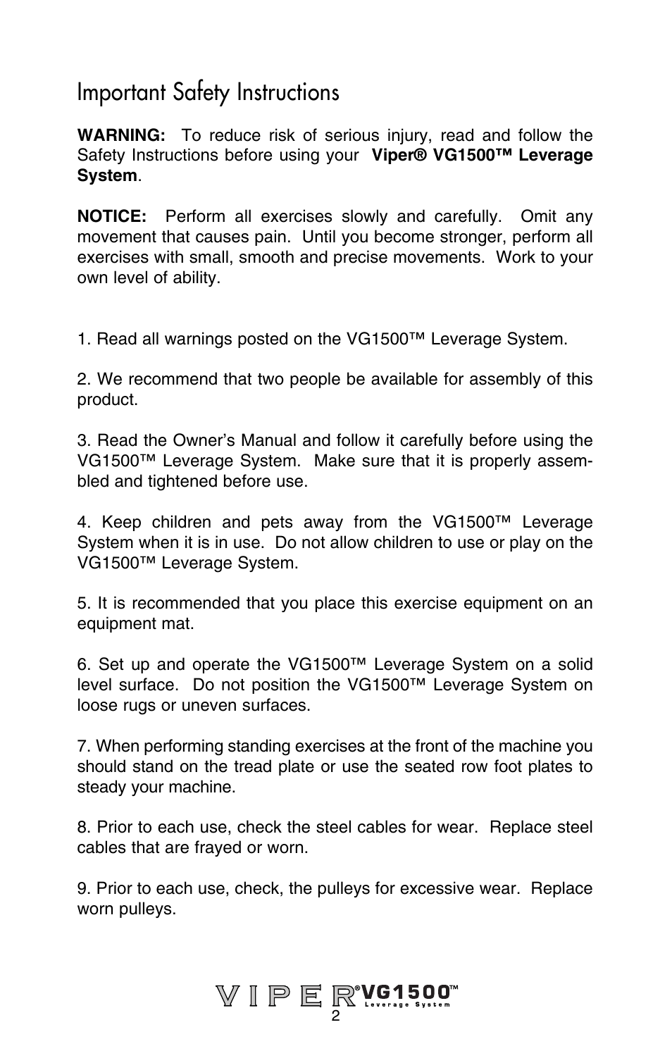 Important safety instructions | Stamina Products Viper VG1500 User Manual | Page 4 / 32