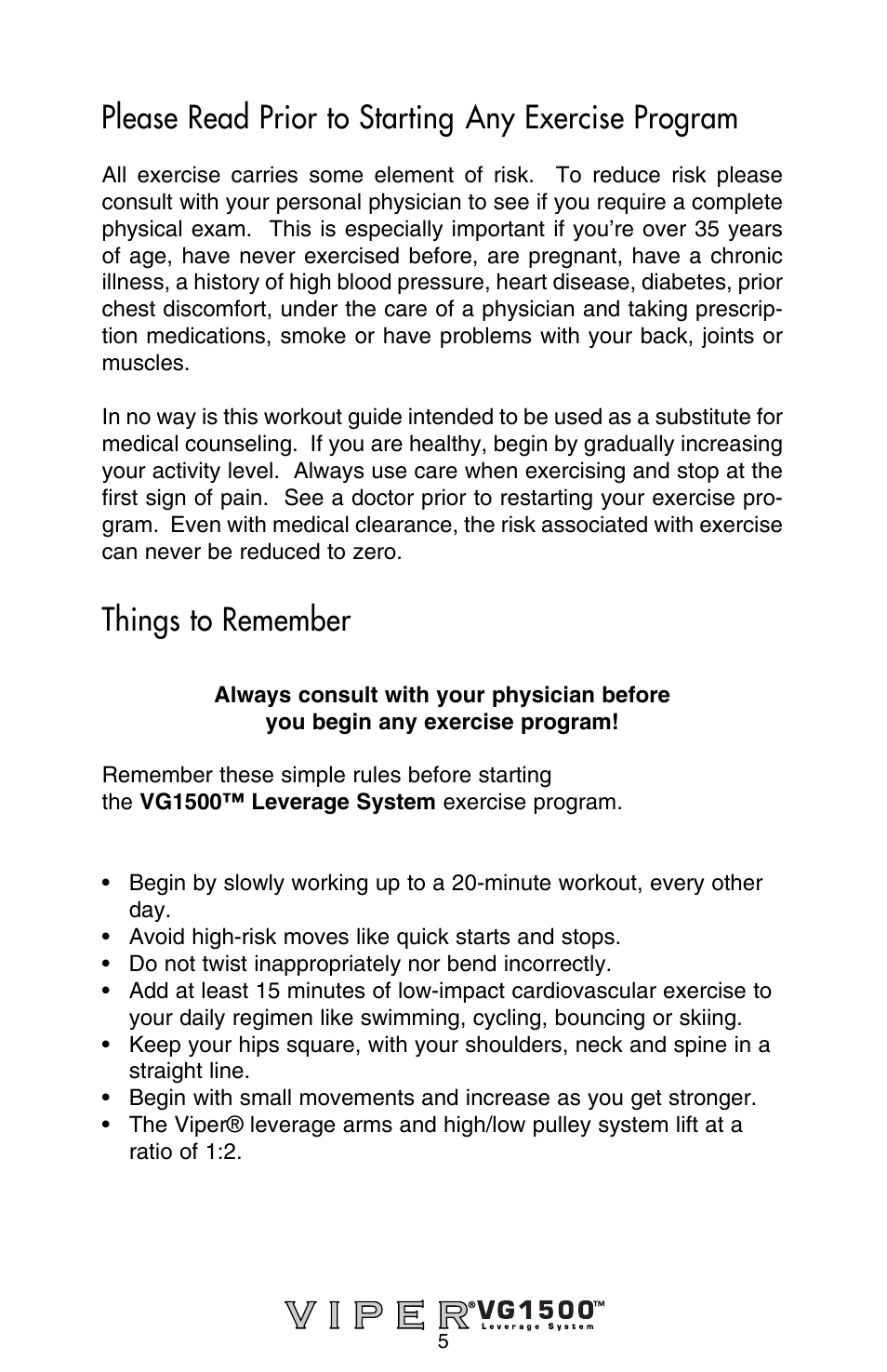 Please read prior to starting any exercise program, Things to remember | Stamina Products Viper VG1500 User Manual | Page 7 / 32