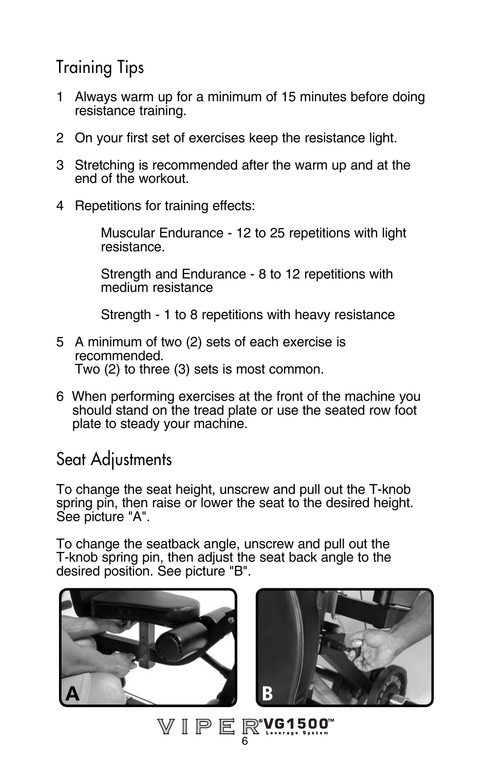 Training tips, Seat adjustments | Stamina Products Viper VG1500 User Manual | Page 8 / 32