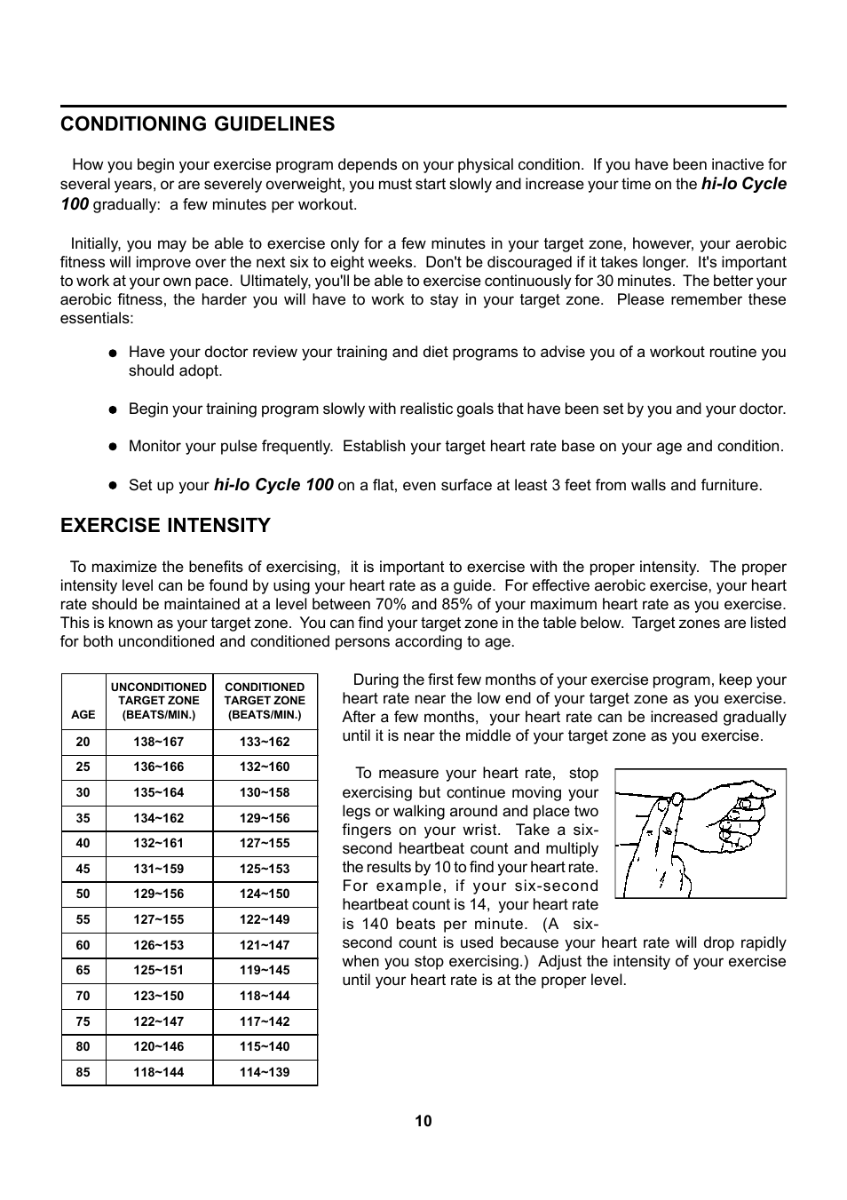 Conditioning guidelines, Exercise intensity, Hi-lo cycle 100 | Stamina Products 15-0100 User Manual | Page 10 / 15