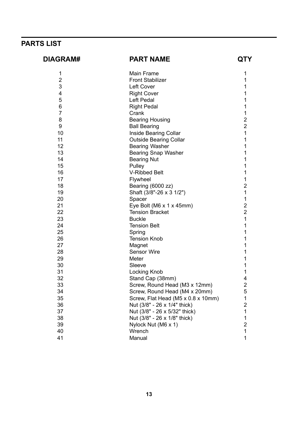 Parts list diagram# part name qty | Stamina Products 15-0100 User Manual | Page 13 / 15