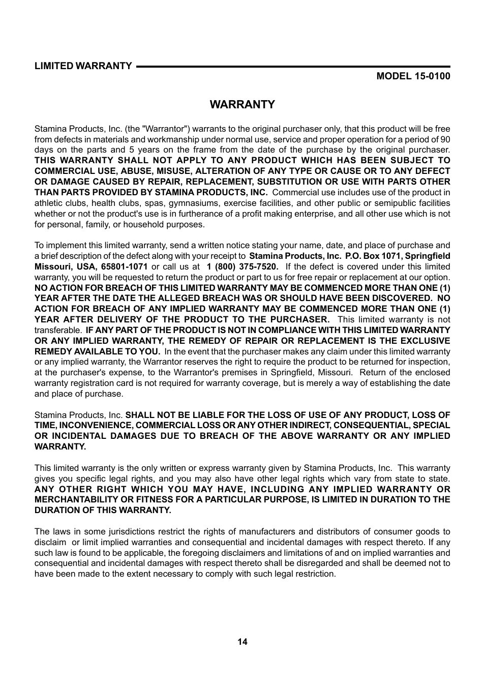 Warranty | Stamina Products 15-0100 User Manual | Page 14 / 15