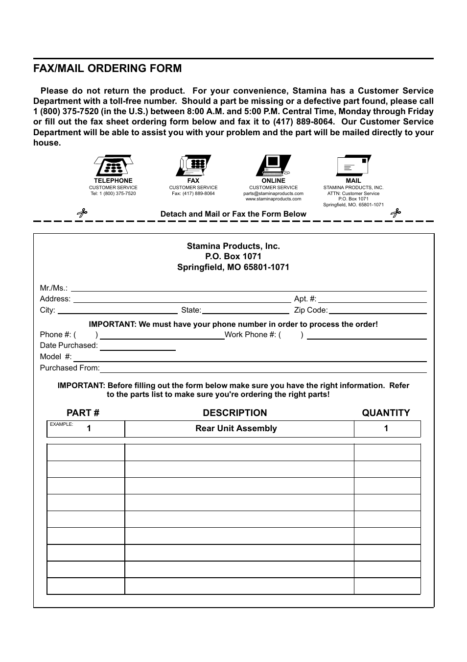 Fax/mail ordering form, Part # description quantity | Stamina Products 15-0100 User Manual | Page 15 / 15