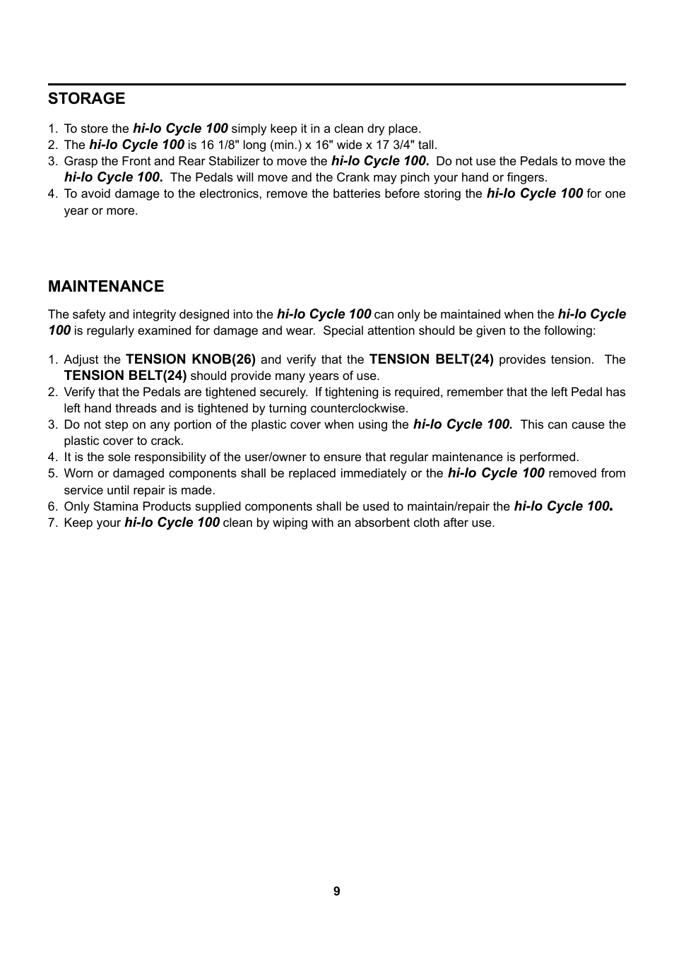 Storage, Maintenance | Stamina Products 15-0100 User Manual | Page 9 / 15
