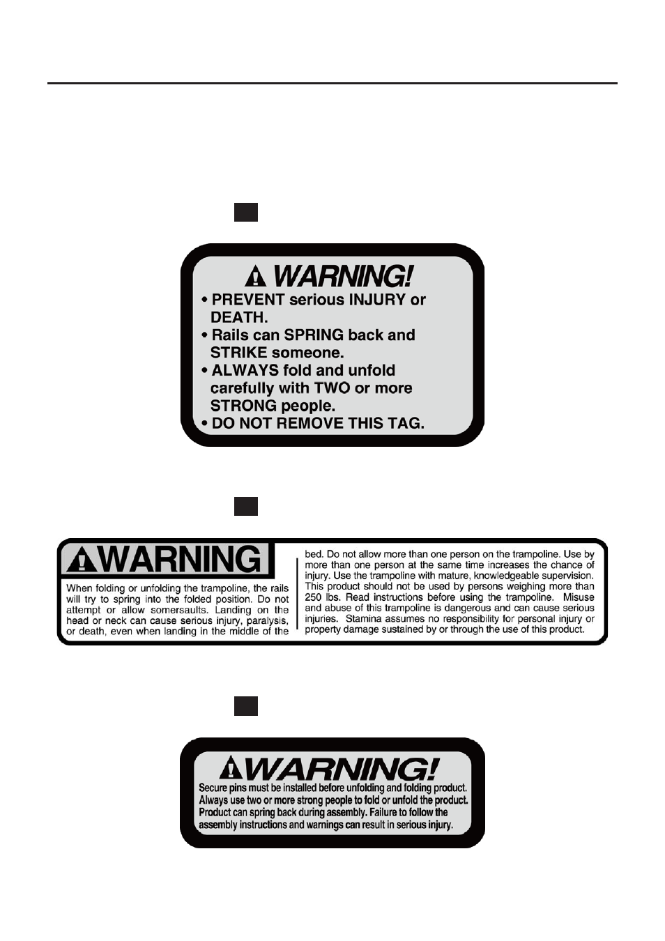 Equipment warning & notice labels | Stamina Products 35-1655E User Manual | Page 5 / 19