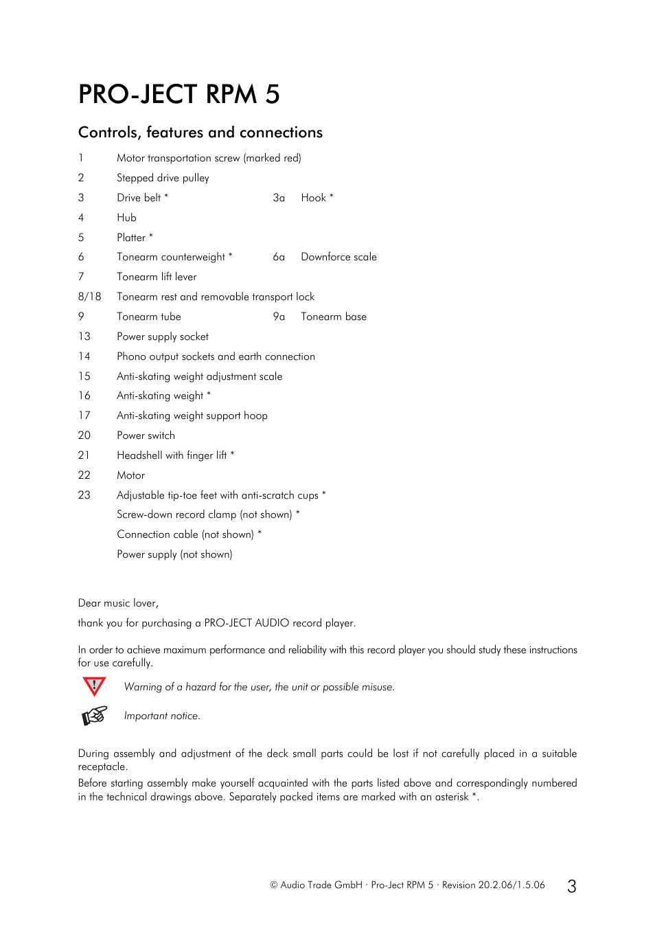 Pro-ject rpm 5, Controls, features and connections | Pro-Ject RPM 5 User Manual | Page 3 / 8