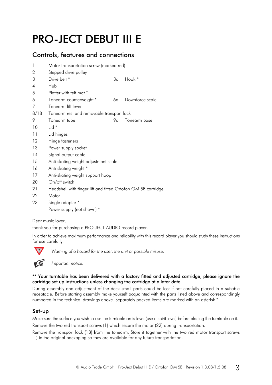 Pro-ject debut iii e, Controls, features and connections | Pro-Ject DEBUT III E User Manual | Page 3 / 8