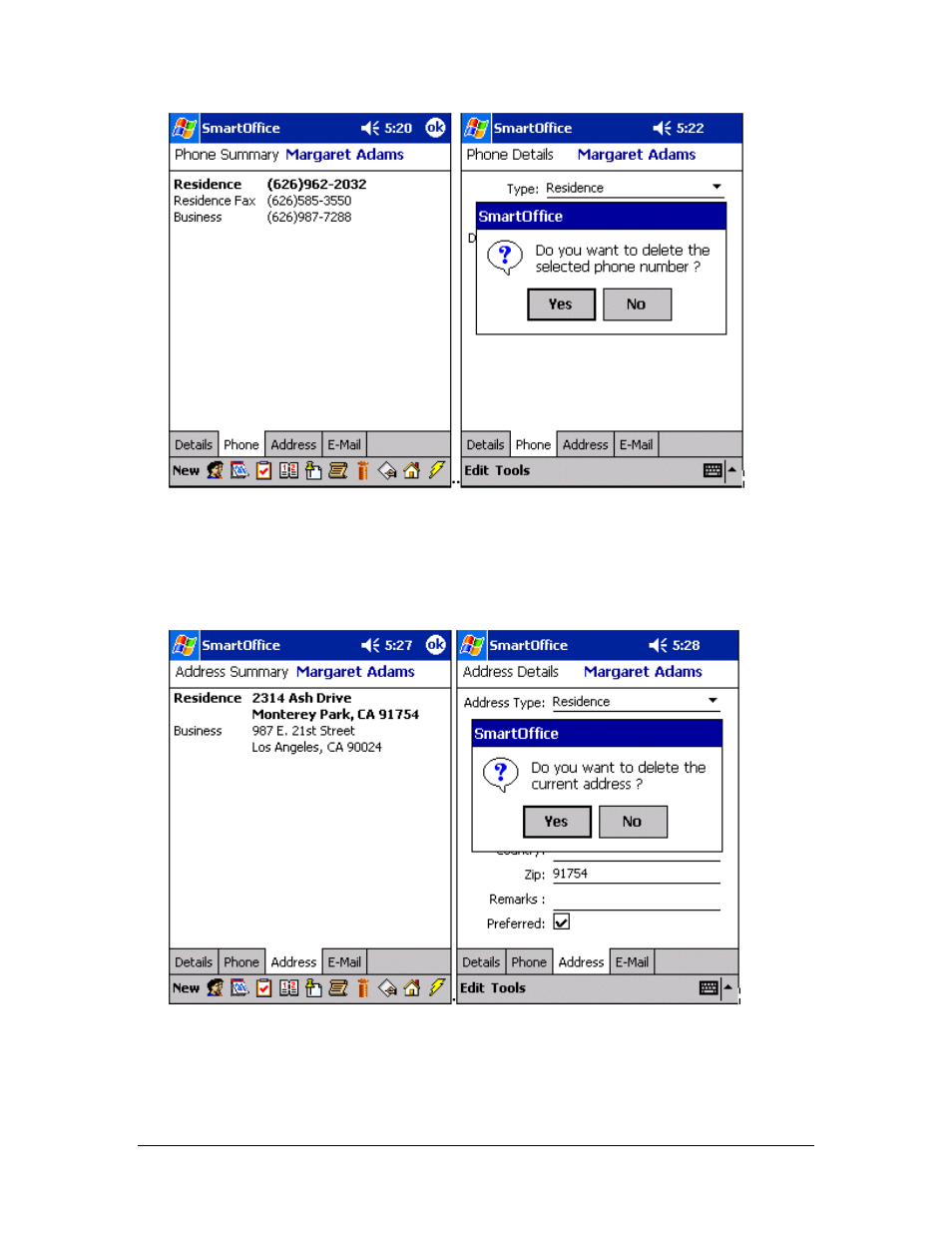 Deleting a contact’s address, Deleting a contact’s e-mail/web address | Smart Parts Mobile for Pocket PC User Manual | Page 22 / 42