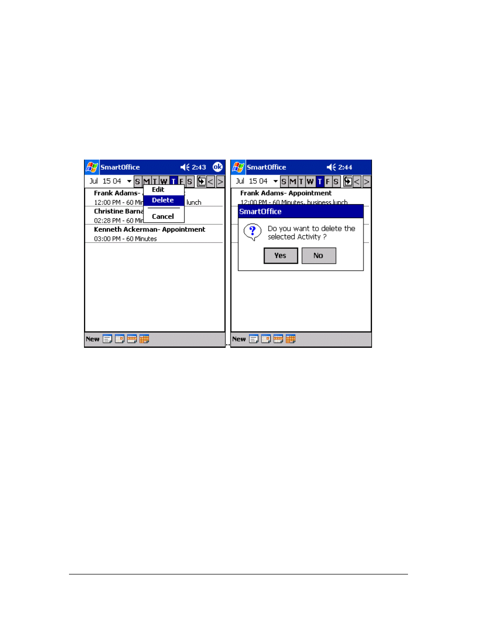 Deleting an activity from the calendar, From the agendaview, From the activity detail tab (read-only mode) | Smart Parts Mobile for Pocket PC User Manual | Page 31 / 42