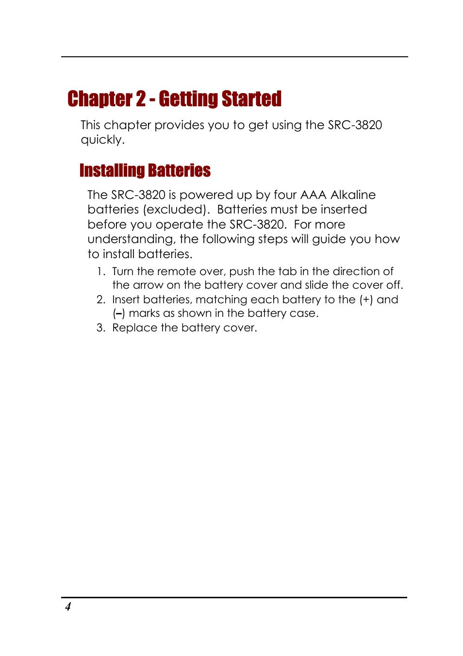 Chapter 2 - getting started, Installing batteries | Sunwave Tech. SRC-3820 User Manual | Page 10 / 51