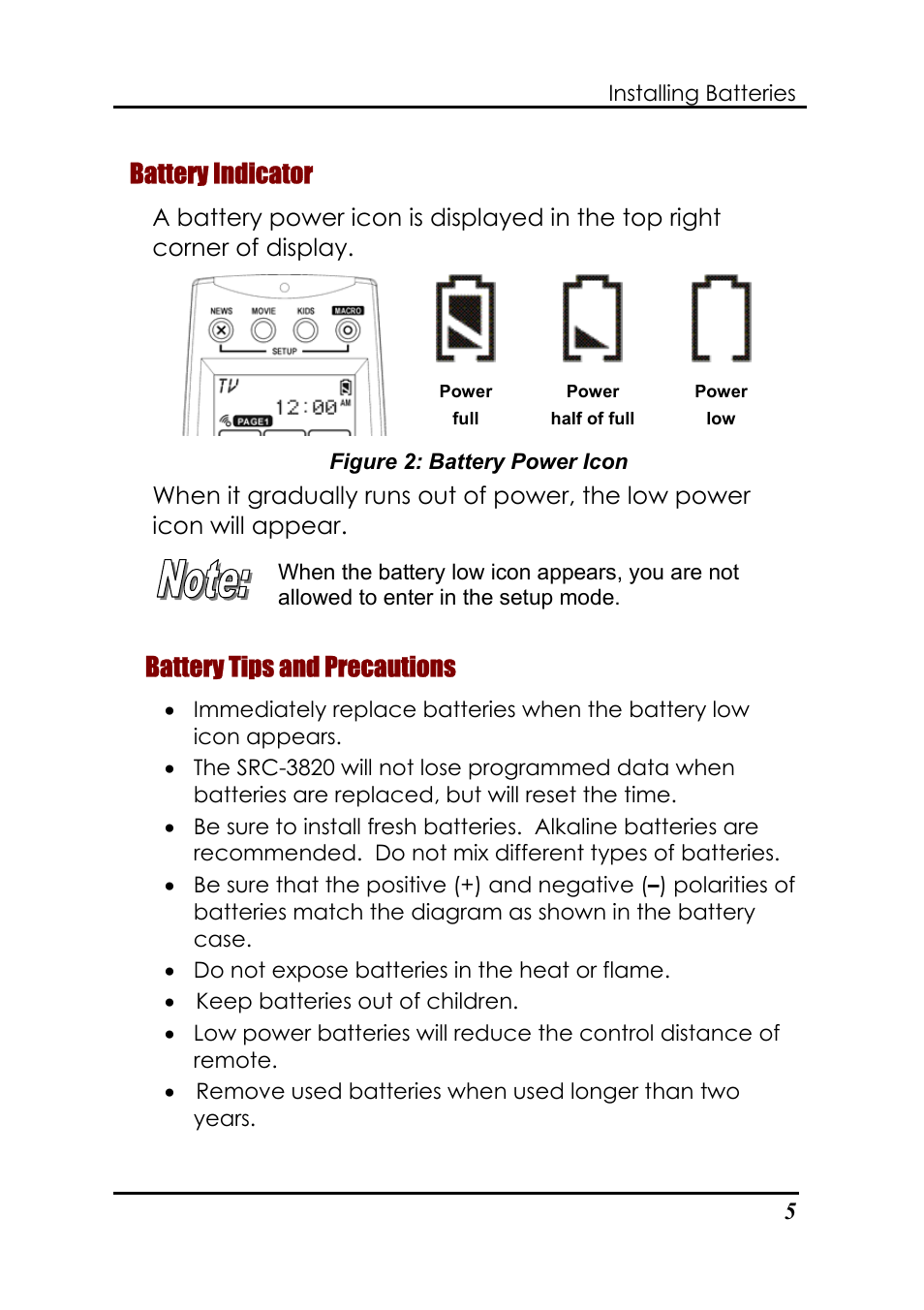 Battery indicator, Battery tips and precautions | Sunwave Tech. SRC-3820 User Manual | Page 11 / 51