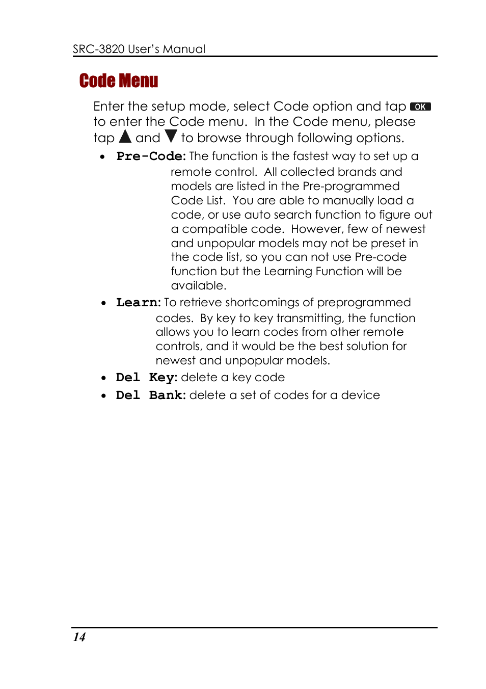 Code menu, Pre-code, Learn | Del key, Del bank | Sunwave Tech. SRC-3820 User Manual | Page 20 / 51